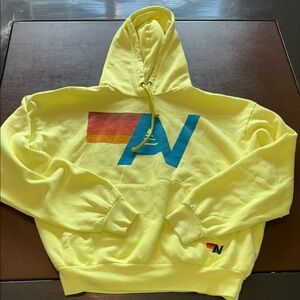 Aviator Nation Bright Yellow Graphic Hoodie Sweatshirt with Blue Accent